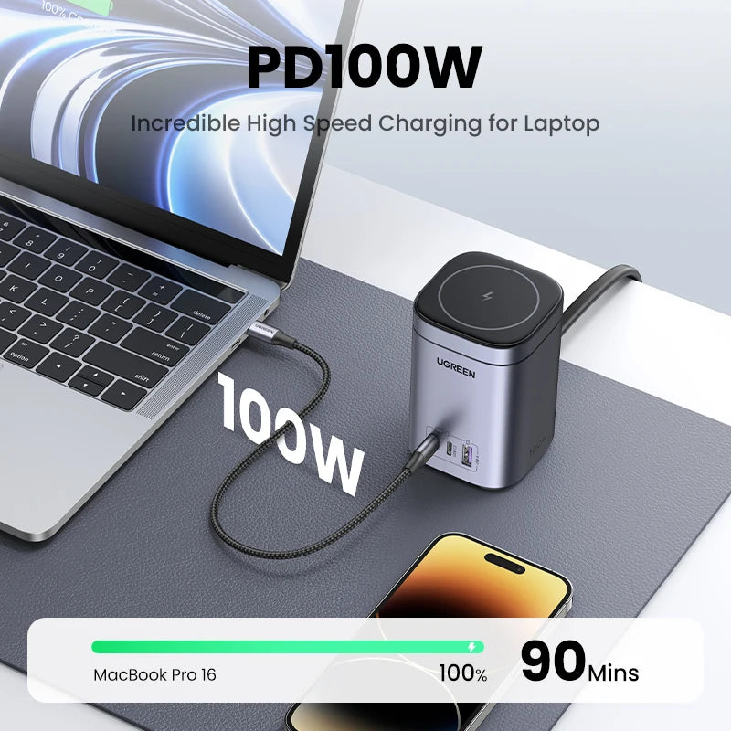 GaN 100W Desktop Charger MFi Magnetic Wireless Charger