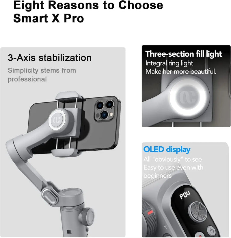 Handheld Gimbal Stabilizer 3-Axis Smart X Pro Professional for Smartphone Wireless Charging OLED Display LED Light Focus Wheel